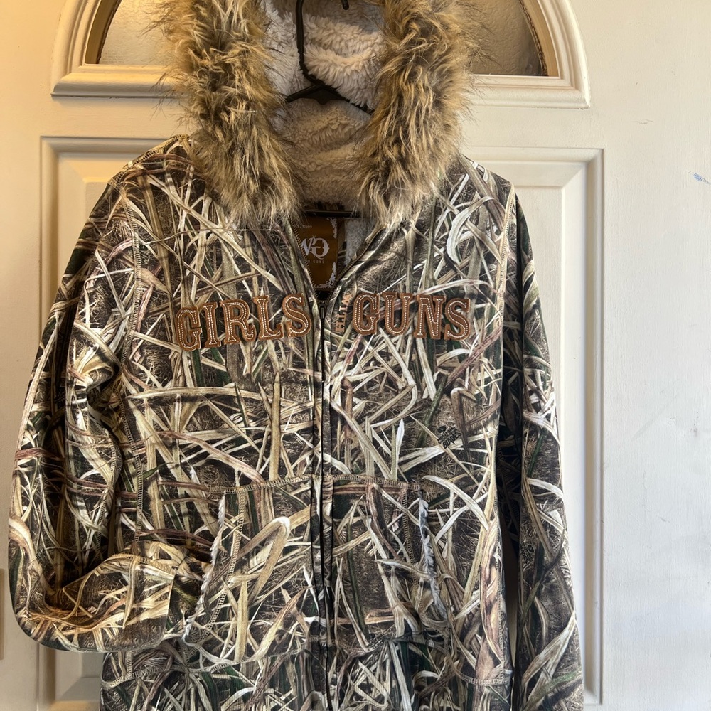 Girls with Guns Camouflage Sweater with Faux Fur Hood and Sherpa lined.